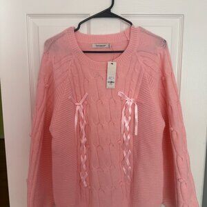 Francesca's Holly Ribbon Front Cable Pullover Sweater - Pink | Size: Large